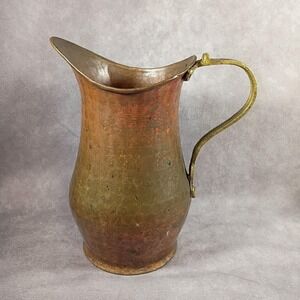 Vintage Hammered Copper Pitcher Jug Brass Handle Rustic Earthy Patina 8"